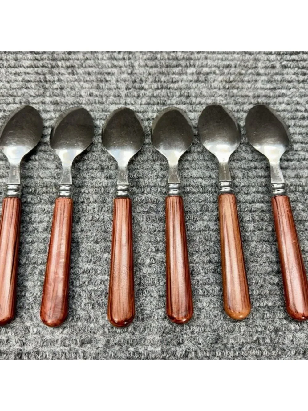 Faberware Silverware Lot Of 6 Spoons Teaspoon Faux Wood Brown Handle Vintage